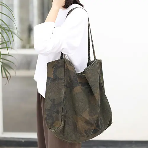 Camo Canvas Tote Bag with Large Capacity and Minimalist Design